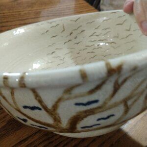 White Pottery Bowl Tree and Birds - Birds indented on the inside and outside